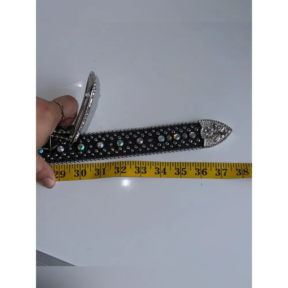 VINTAGE Y2K Black Rhinestone Western Cowgirl Rodeo Belt with Silver Buckle 36 in